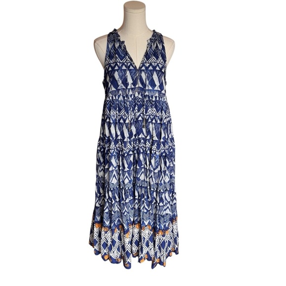 Anthropologie - Diaz Tiered Abstract Maxi Dress Blue White Boho Print Size SP - Picture 4 of 11
